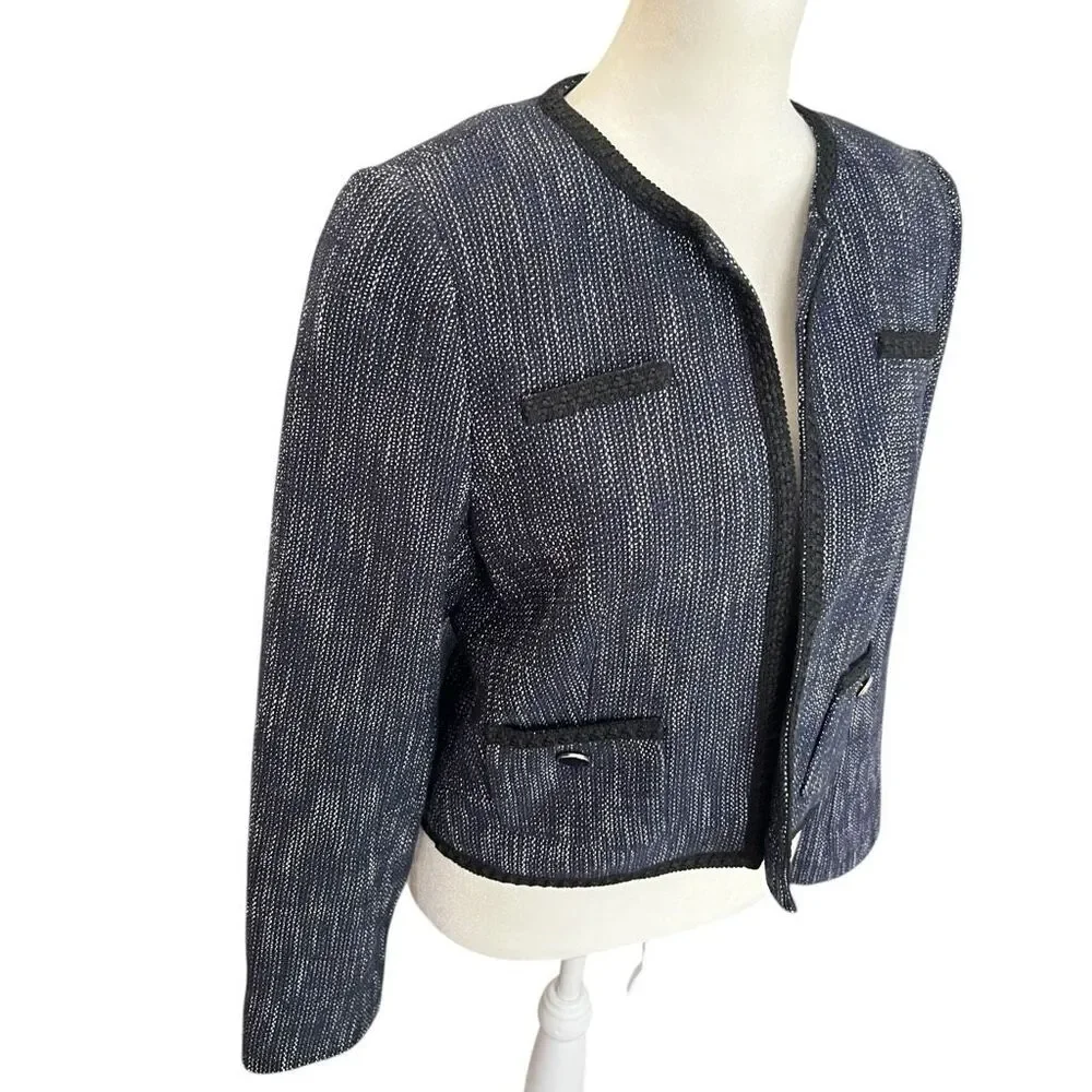 Hobbs London Navy Tweed Jacket Blazer US 8 Cropped Bouclé Wool Blend